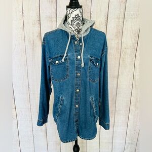 H&M Divided Women’s Blue Hooded Drawstring Long Sleeve Pocket Denim Shirt Sz 10
